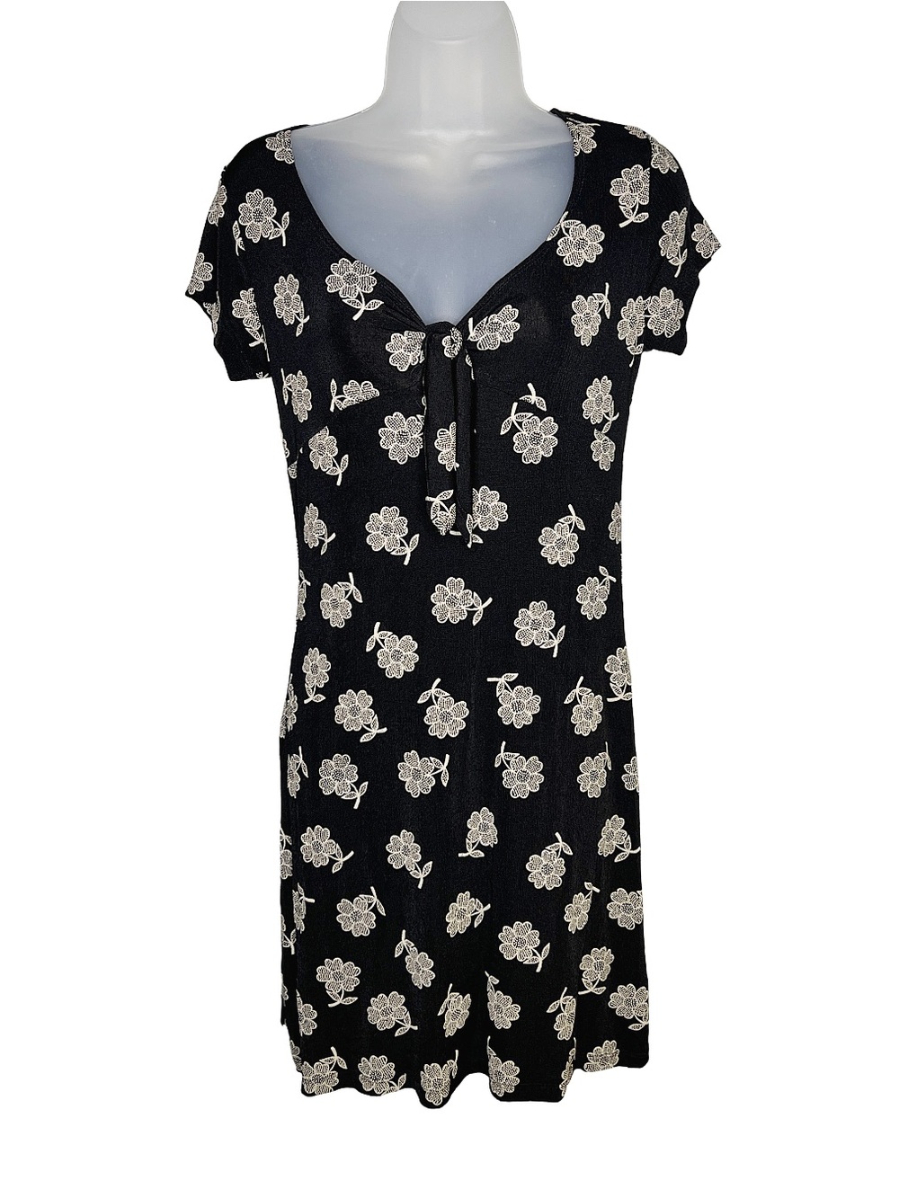 90s Vintage Black Floral Mini Dress Women's Large | Retro y2k Babydoll Shift